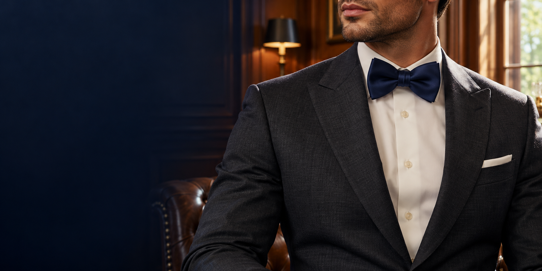 Gentleman wearing a navy satin bow tie with a tailored suit